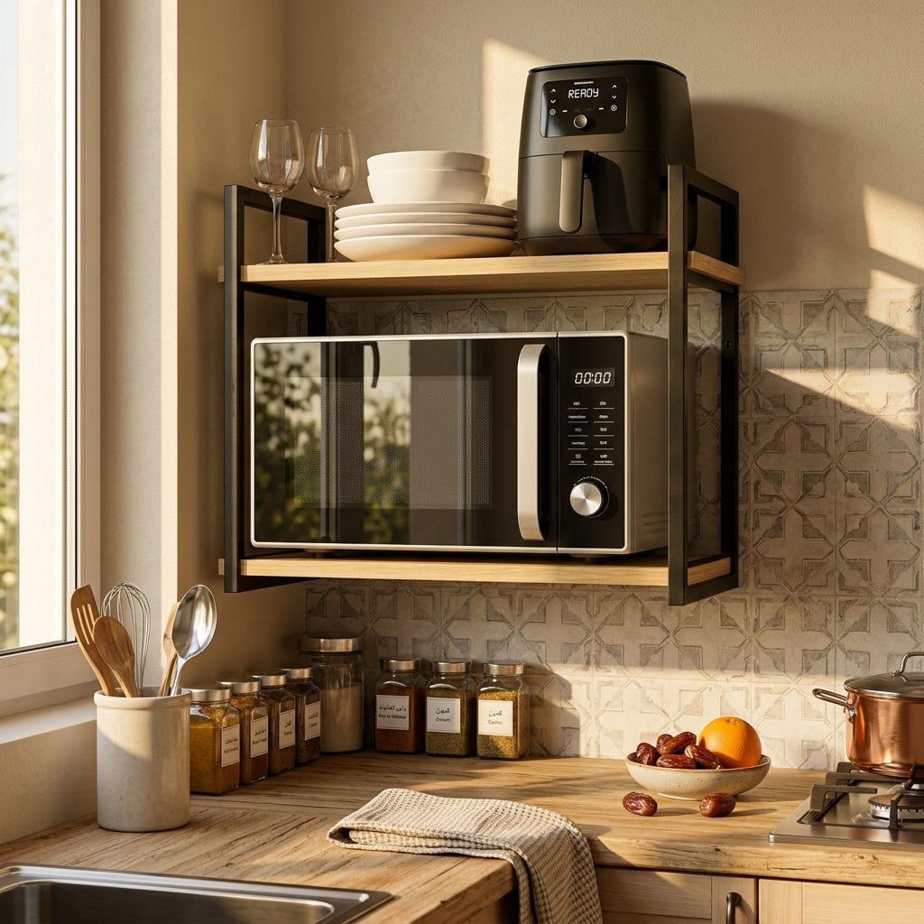 Étagère murale en bois avec airfryer et épices, ambiance cuisine chaleureuse